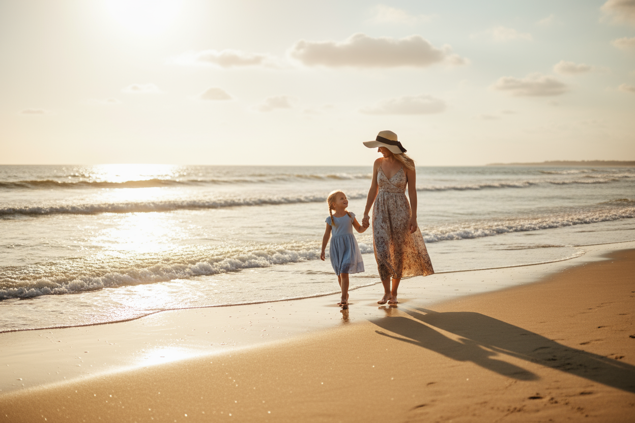 Mother daughter walking on the beach